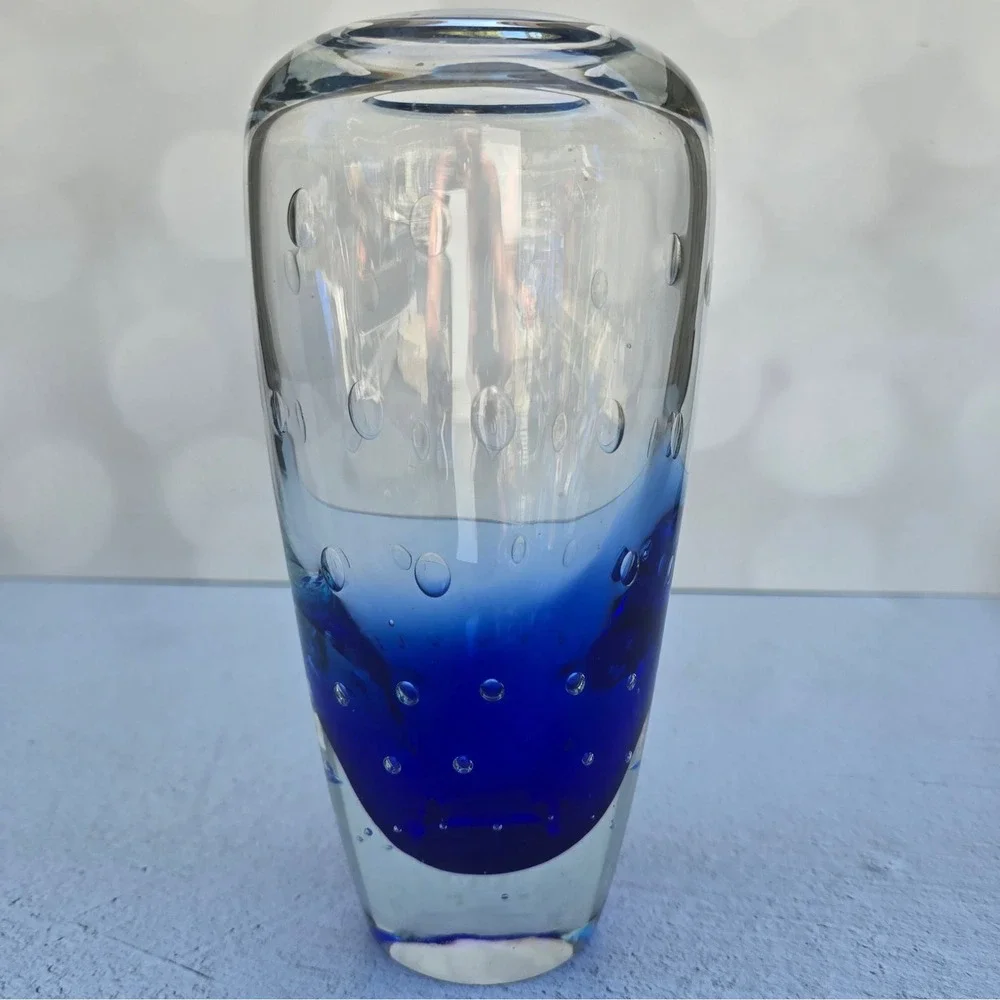 Cobalt Blue Controlled Bubble Art Glass Vase Heavy Clear Glass Bullicante 8in